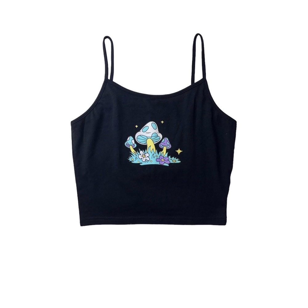 BLACK CROPPED CAMI W/ MUSHROOM GRAPHIC • SIZE XS